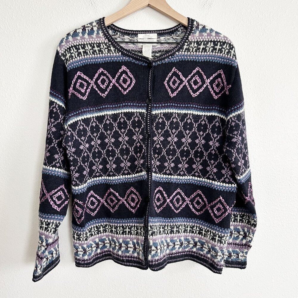 Vtg Christopher Banks Sweater Womens L Blue Fair Isle Hand Embroidered Cardigan